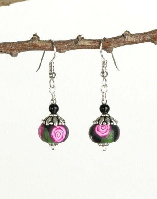 Rose Floral Polymer Clay and Sterling Silver Dangle Earrings - Drop Earrings - Polymer Clay Jewelry - Clay Earrings - Silver Jewelry