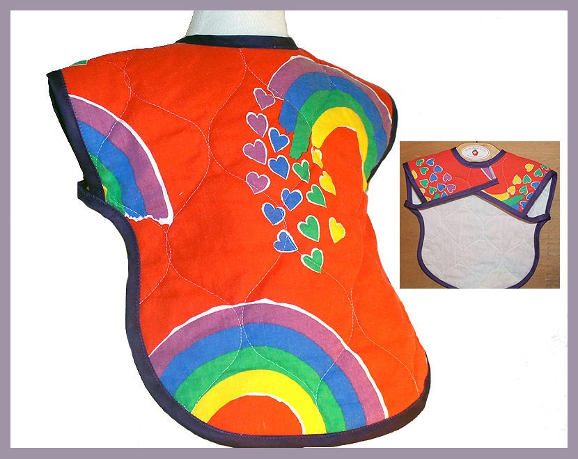 Retro 1980's Fabric Red Rainbow Hearts Baby Bib Full Coverage XLarge Toddler Bib with arm holes Colorful Unisex Baby Gift Child Clothing