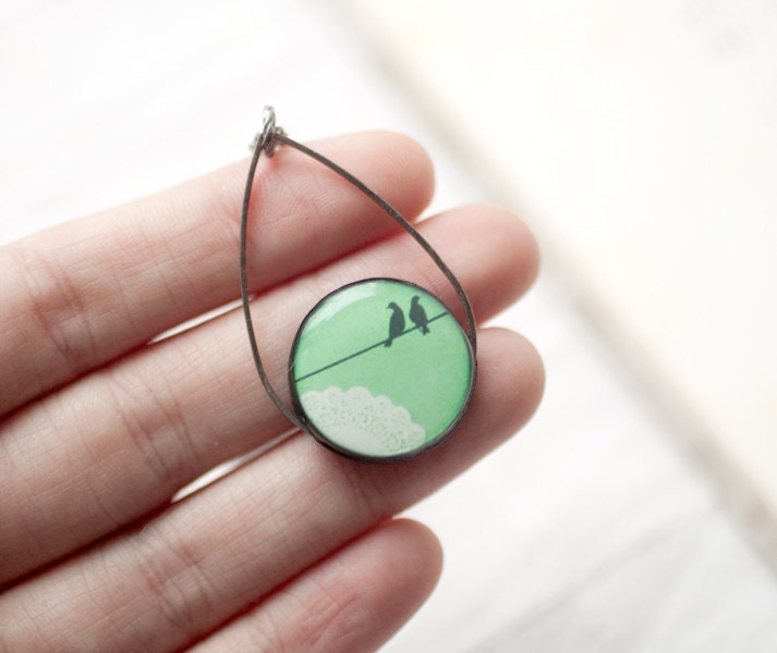 Mint Birds on Wire necklace - Pastel jewelry - Bridesmaids jewelry (N034)