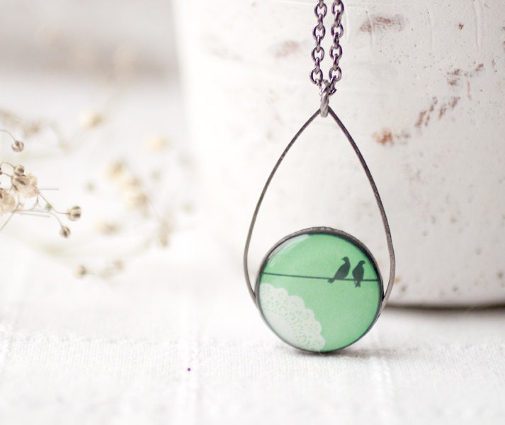 Mint Birds on Wire necklace - Pastel jewelry - Bridesmaids jewelry (N034)