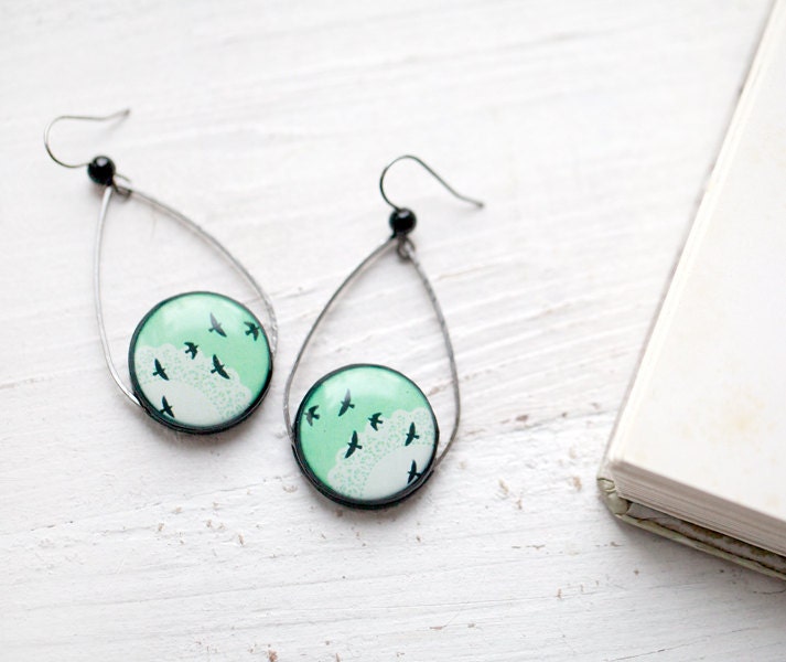Mint Bird earrings - Fashion jewelry - Tear Drop shape (E054)