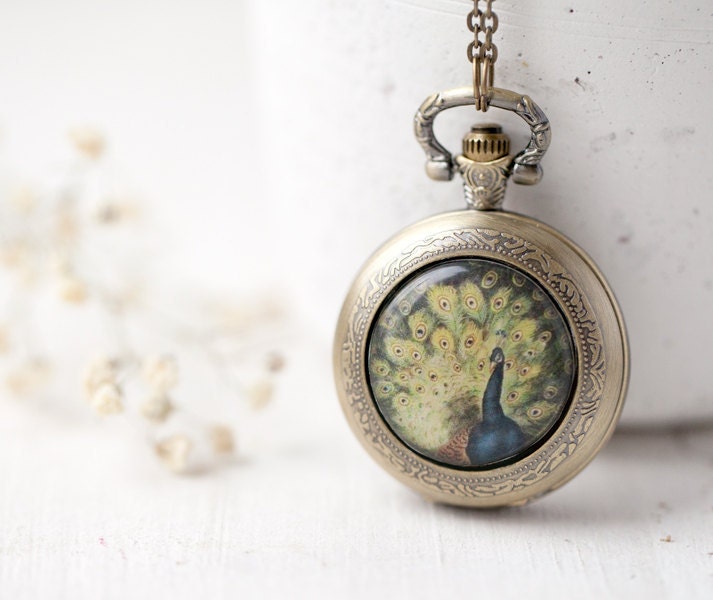 Peacock pocket watch necklace - Peacock wedding jewelry (PW018) - Christmas in July sale - christmasinjuly cij