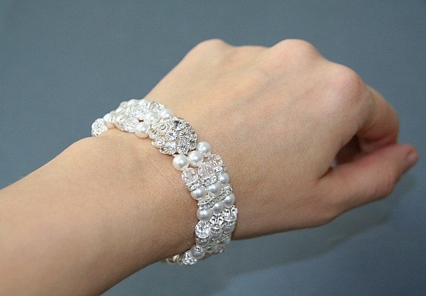 Bridal bracelet, pearl bracelet, cuff bracelet with Swarovski crystal and Swarovski pearls- Style 363