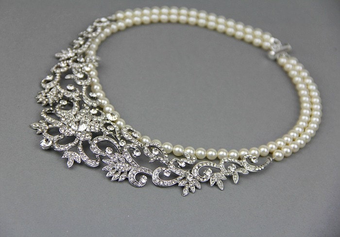 Bridal Necklace, Statement Necklace, Pearl Necklace, Vintage Style Wedding Jewelry, Ivory White Pearl Necklace - Style 737