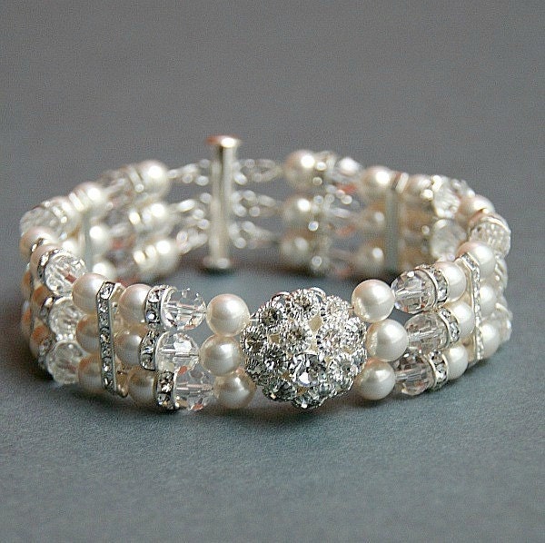 Bridal bracelet, pearl bracelet, cuff bracelet with Swarovski crystal and Swarovski pearls- Style 363