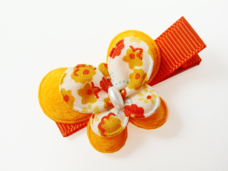 Furry felt with floral print double butterfly hair clip - no slip clip (dacfffpb-orange)