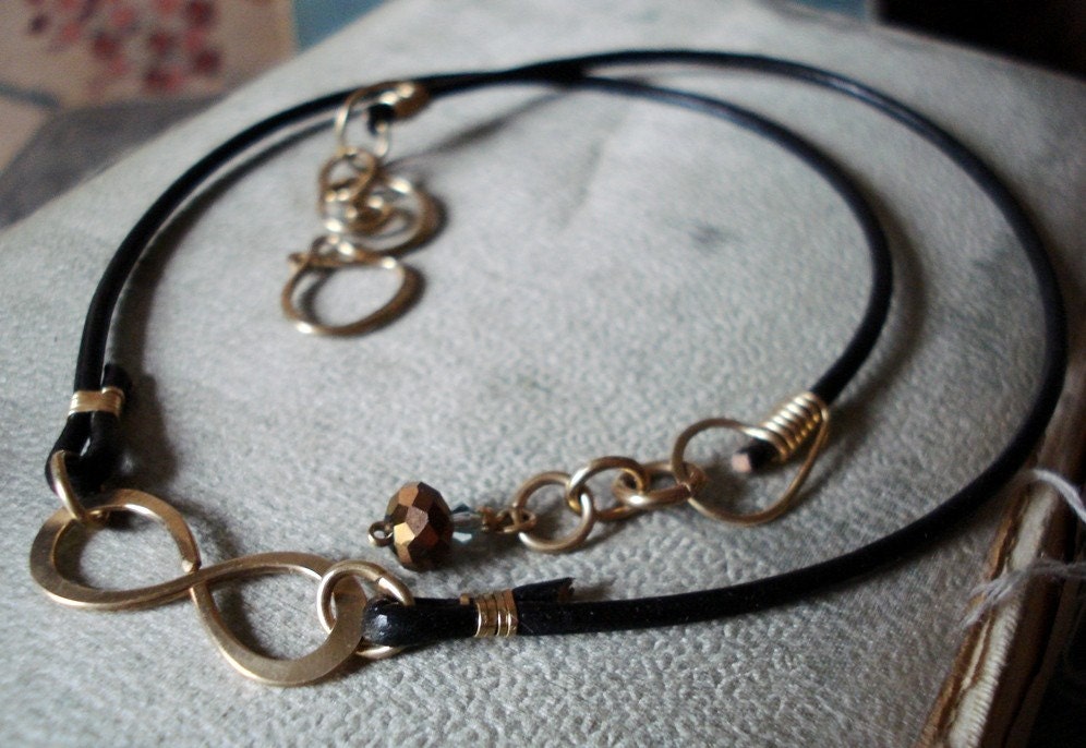 Infinity to Eternity Black Leather Unisex GOLD FILLED Necklace Artisan Clasp