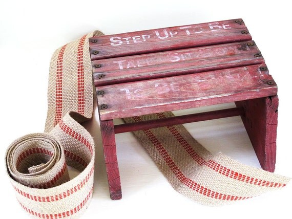 vintage red rustic wood stool handmade step by KatyBitsandPieces
