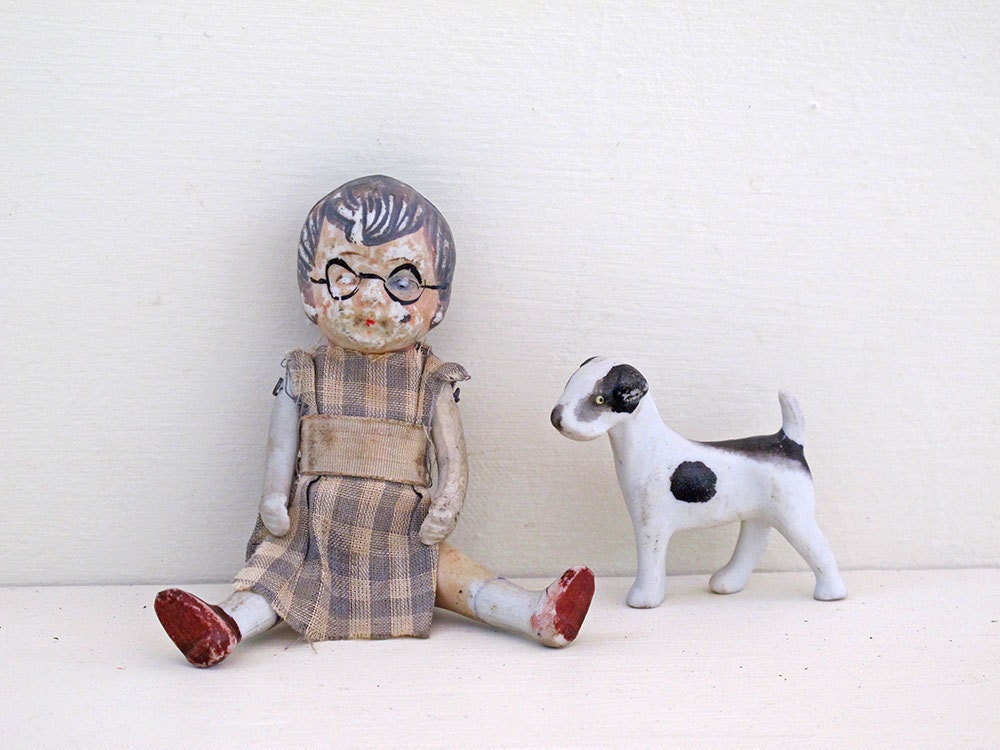 little 1940s antique doll jointed hand painted bisque collectable retro toy