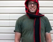 Red and black striped crochet scoodie, scoofie, hooded scarf
