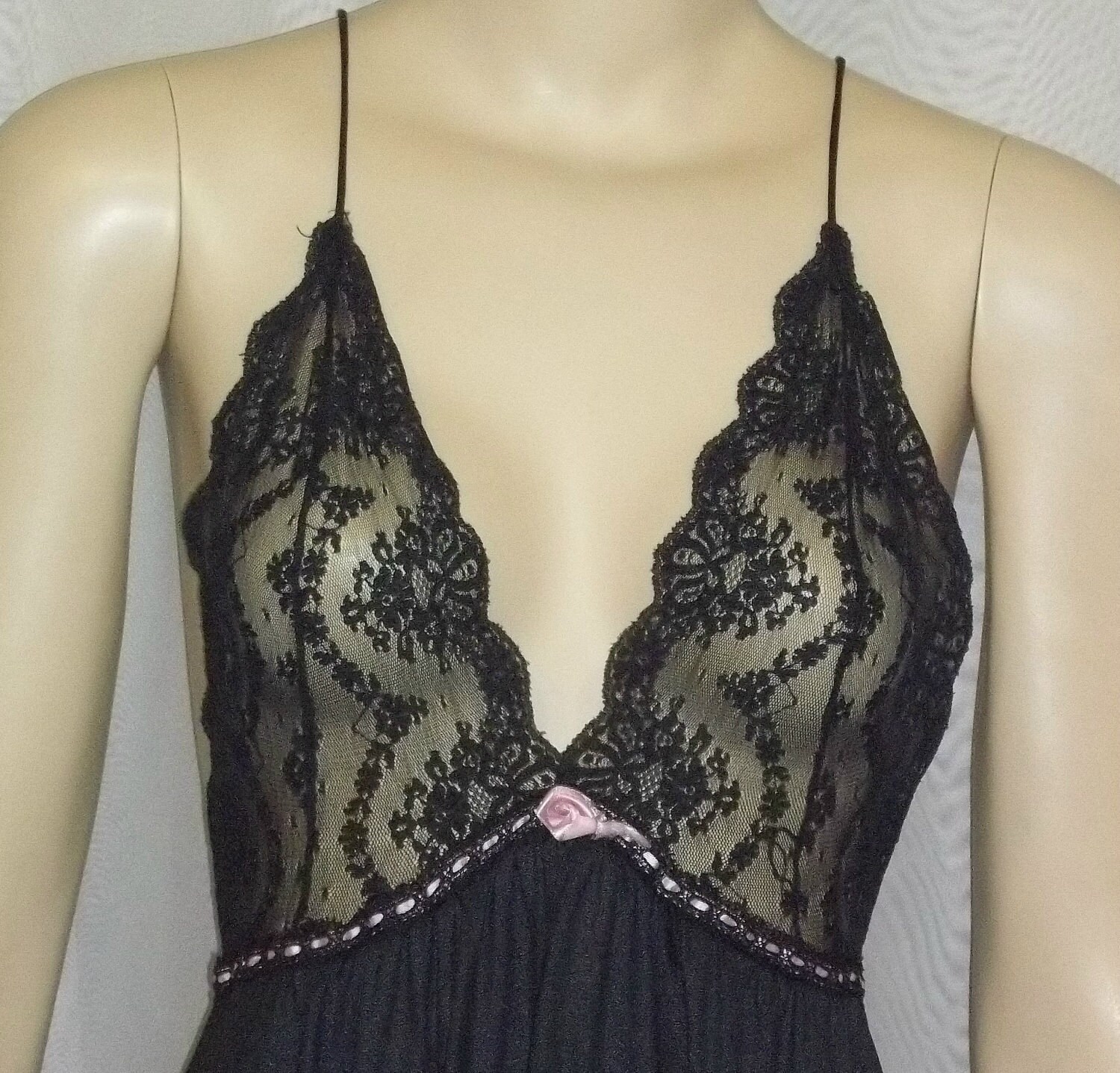 Vintage Nylon Long Nightie Nightgown Medium Black Lace Nylon Pink Rose