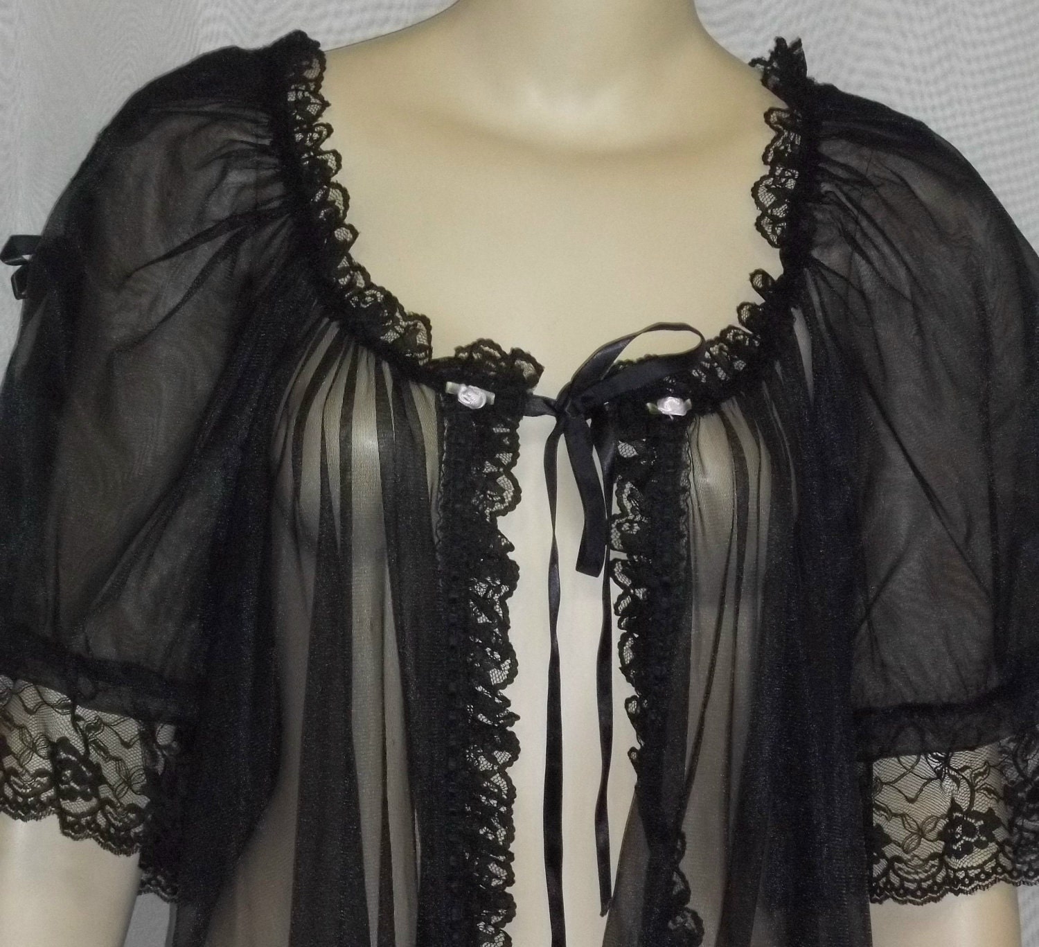 Vintage Nylon Chiffon Black Peignoir Robe Floral Appliques Small