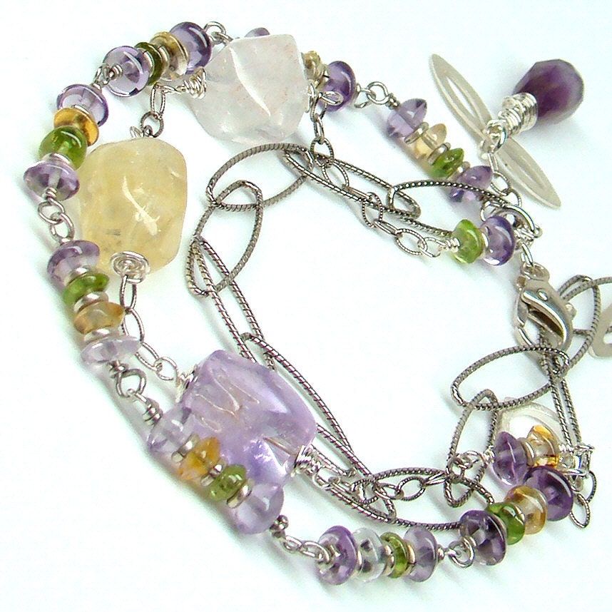 Gemstones Bracelet...Amethyst Peridot Citrine Stones Sterling Silver...Three Strand Chain Wire Wrap Rainbow Peacock Bracelet...