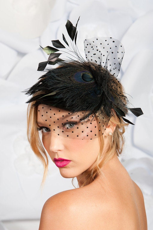 Black peacock mini cocktail hat