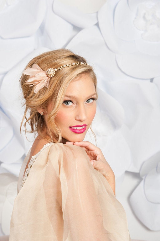 blush pink feather headband - Aurelia - Ready to ship