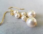 Cream Pearl Bridal Earrings with Swarovski Rhinestone Accent, double drop in gold
