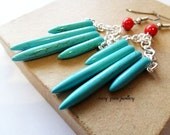 Blue Turquoise Spike Earrings with Red Howlite
