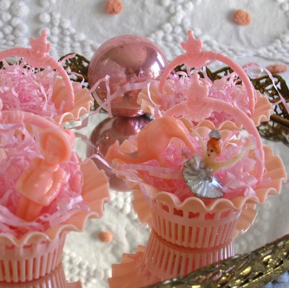 6 Darling Vintage Sweet Pink Party Favor Filigree Baskets Nut Cups