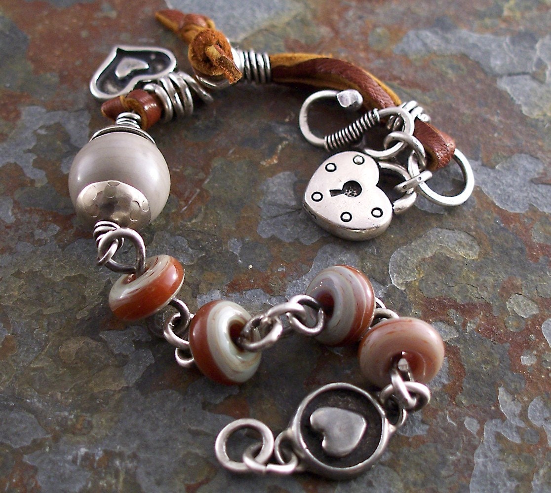 Silver Bracelet Cinnamon Gray - Pewter Hearts Lampwork Deerskin Leather Rustic Earth Tones