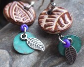 REDUCED Earrings Brown Leaf Ceramic Charm with Turquoise Patina Discs, Pewter and Sterling Silver