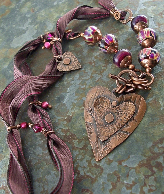 Valentine Heart Pendant Berry Fuchsia Antiqued Copper with Lampwork Glass Silk Ribbon Eggplant Pearls Crystal