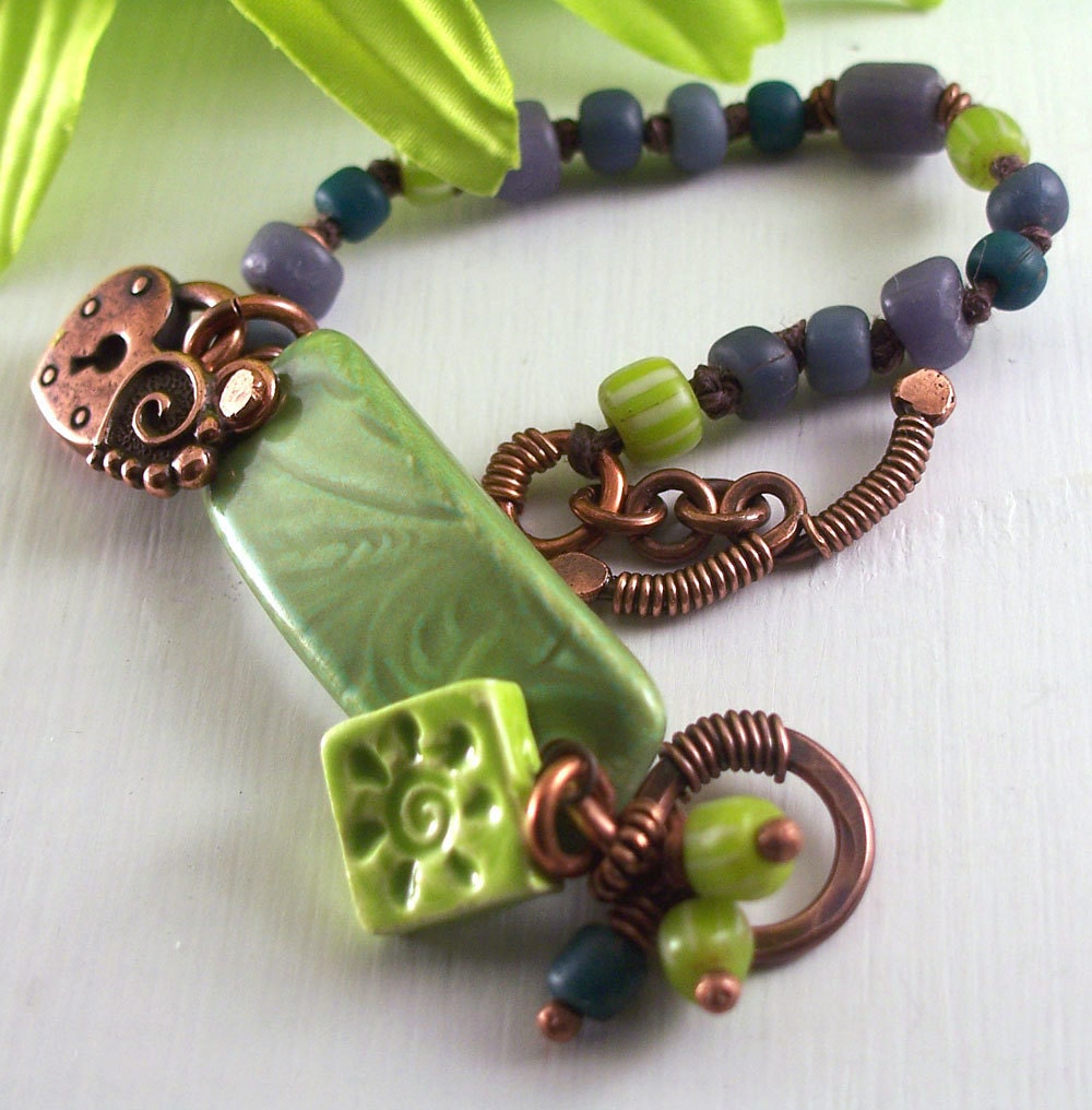Bracelet Ceramic Bar Lime Copper with Lime Green Sun Charm, Copper Heart Charms, and Knotted Multicolor Beads