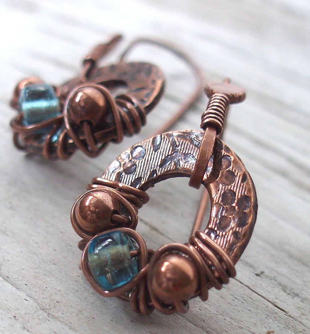 Earrings Copper Aqua Glass with Floral Stamping