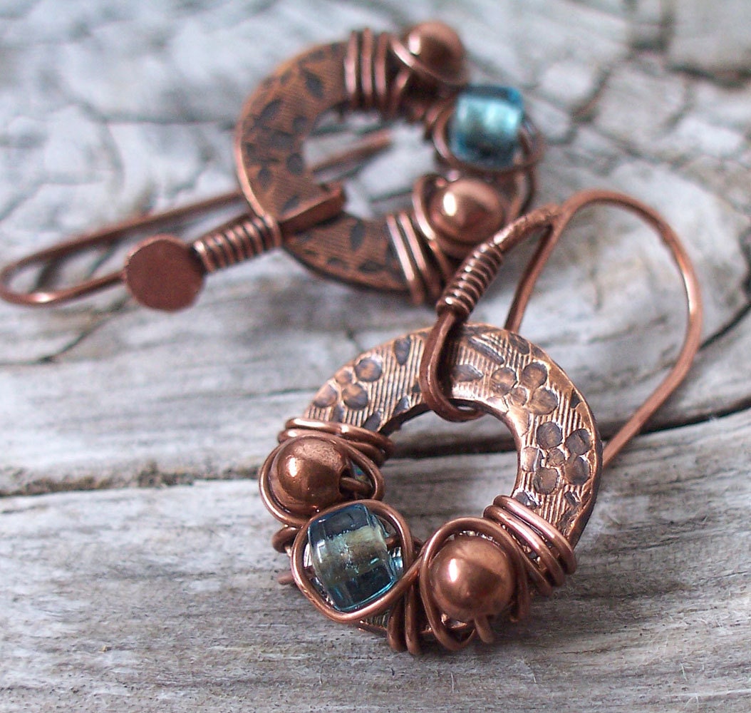 Earrings Copper Aqua Glass with Floral Stamping