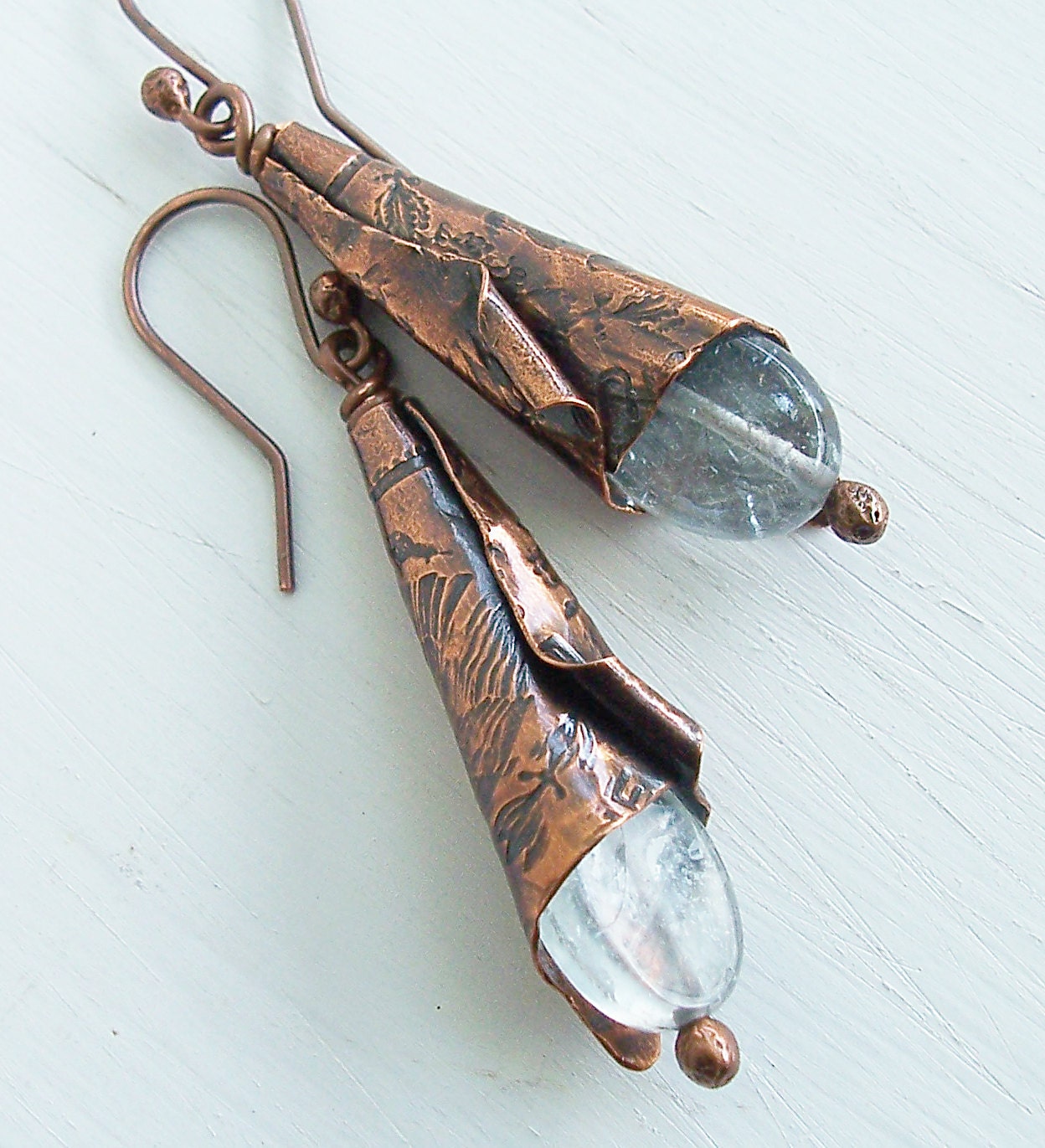 Aquamarine Copper Lilies Earrings with Textured Antiqued Copper Floral Blossom Botanical