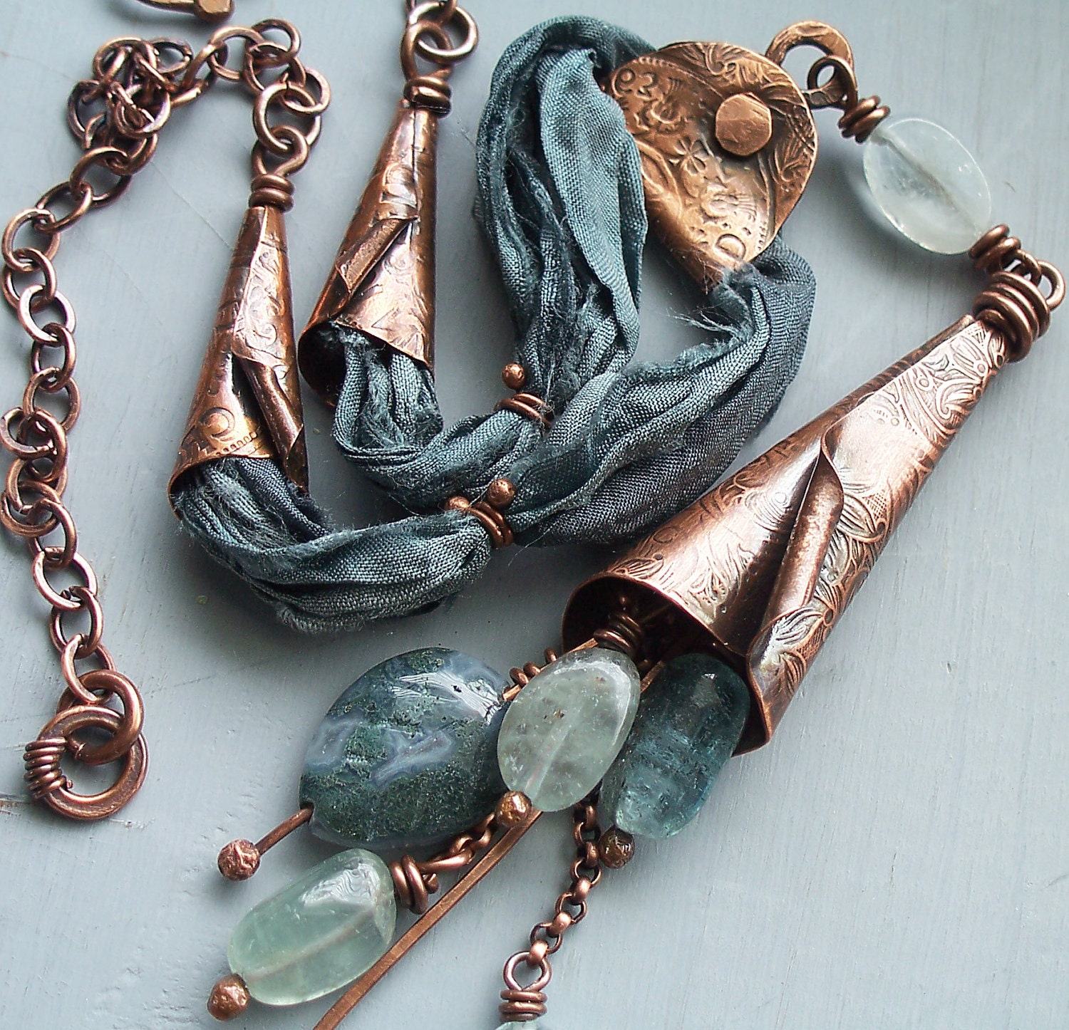 Aquamarine and Copper Lily Pendant with Moss Agate and Recycled Sari Silk in Teal