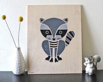 Nursery Art, Raccoon, Birch Wood, Screenprinted