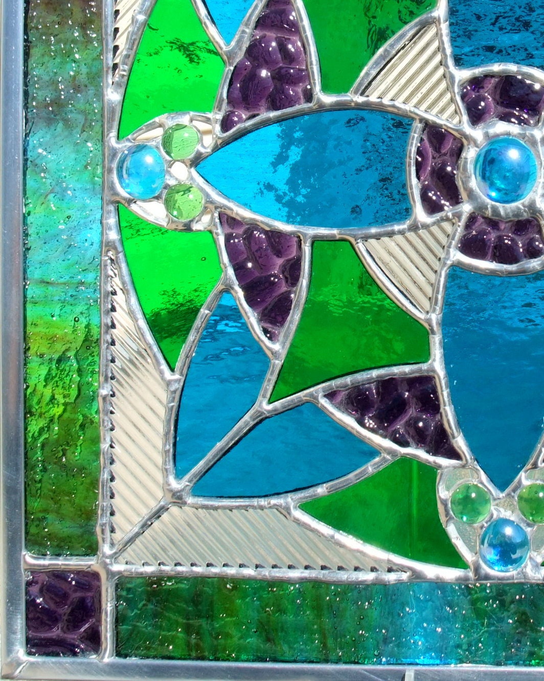 Peacock Blue, Bright Green and Plum Purple Stained Glass Panel