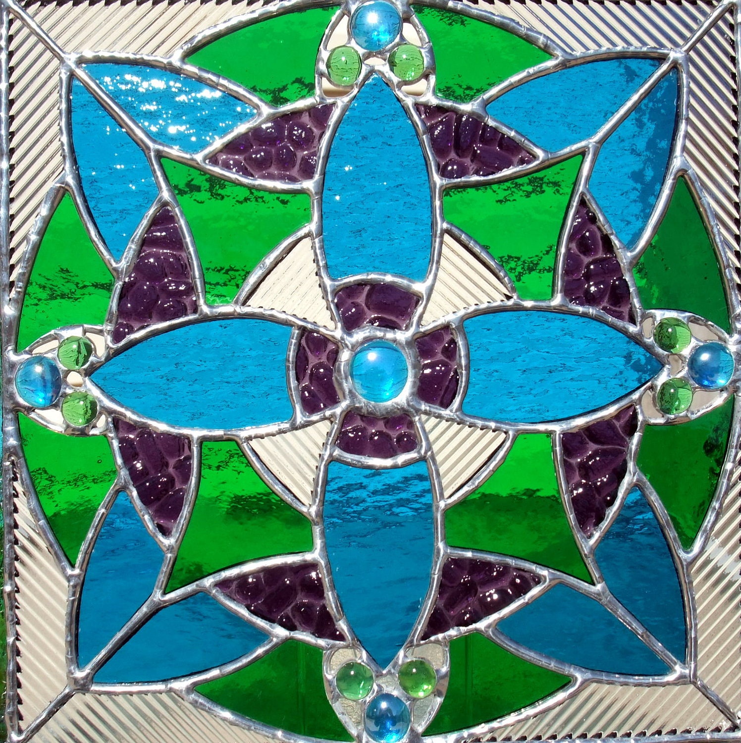 Peacock Blue, Bright Green and Plum Purple Stained Glass Panel