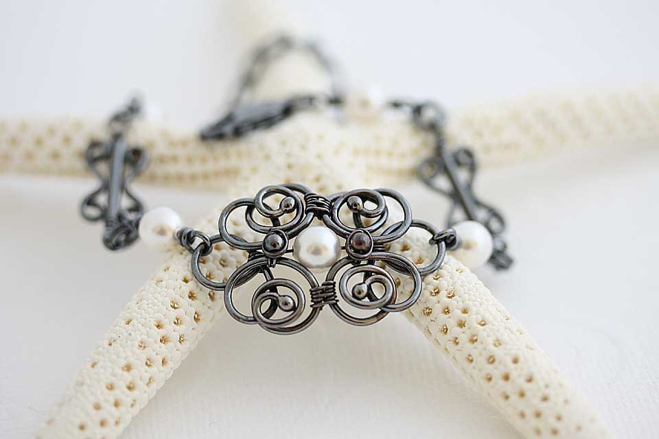Renaissance  wire wrapped bracelet in sterling silver and pearls
