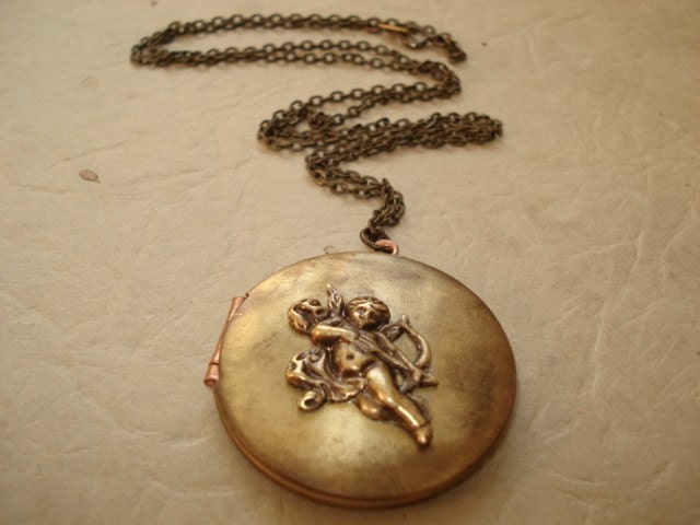 Cherub Locket Necklace Mothers Day Angel Jewelry Vintage Locket Necklace, Large Round Locket