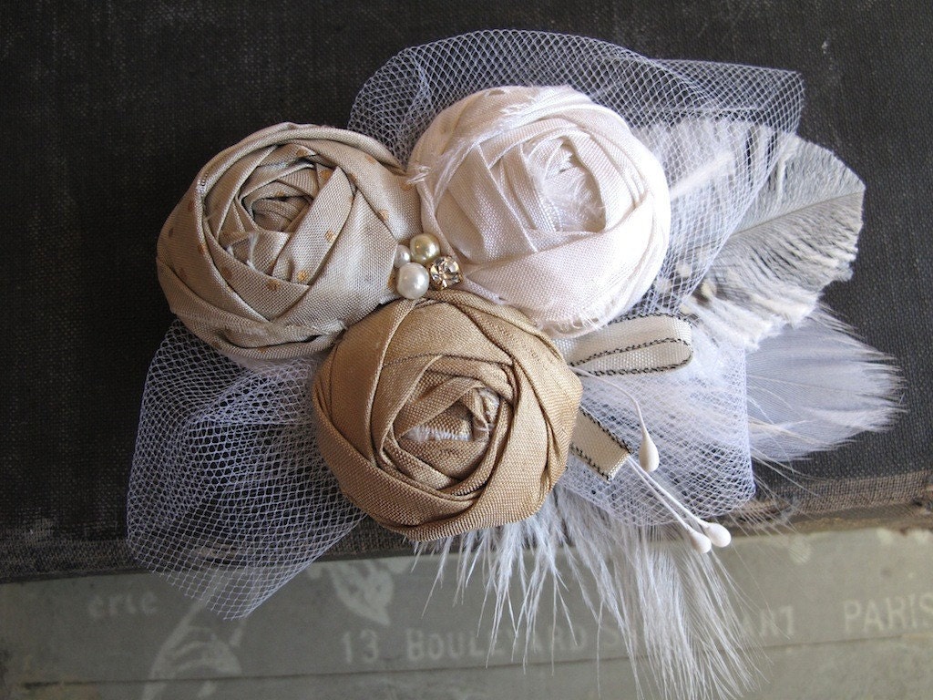 RESERVED FOR logant - Ivory, beige, pale gold silk dupioni rosettes hair clip