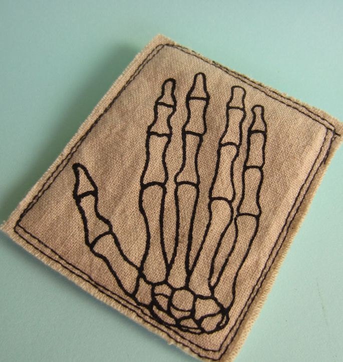 Skeleton Hand Badge Rectangle Screen Printed Linen SALE ITEM