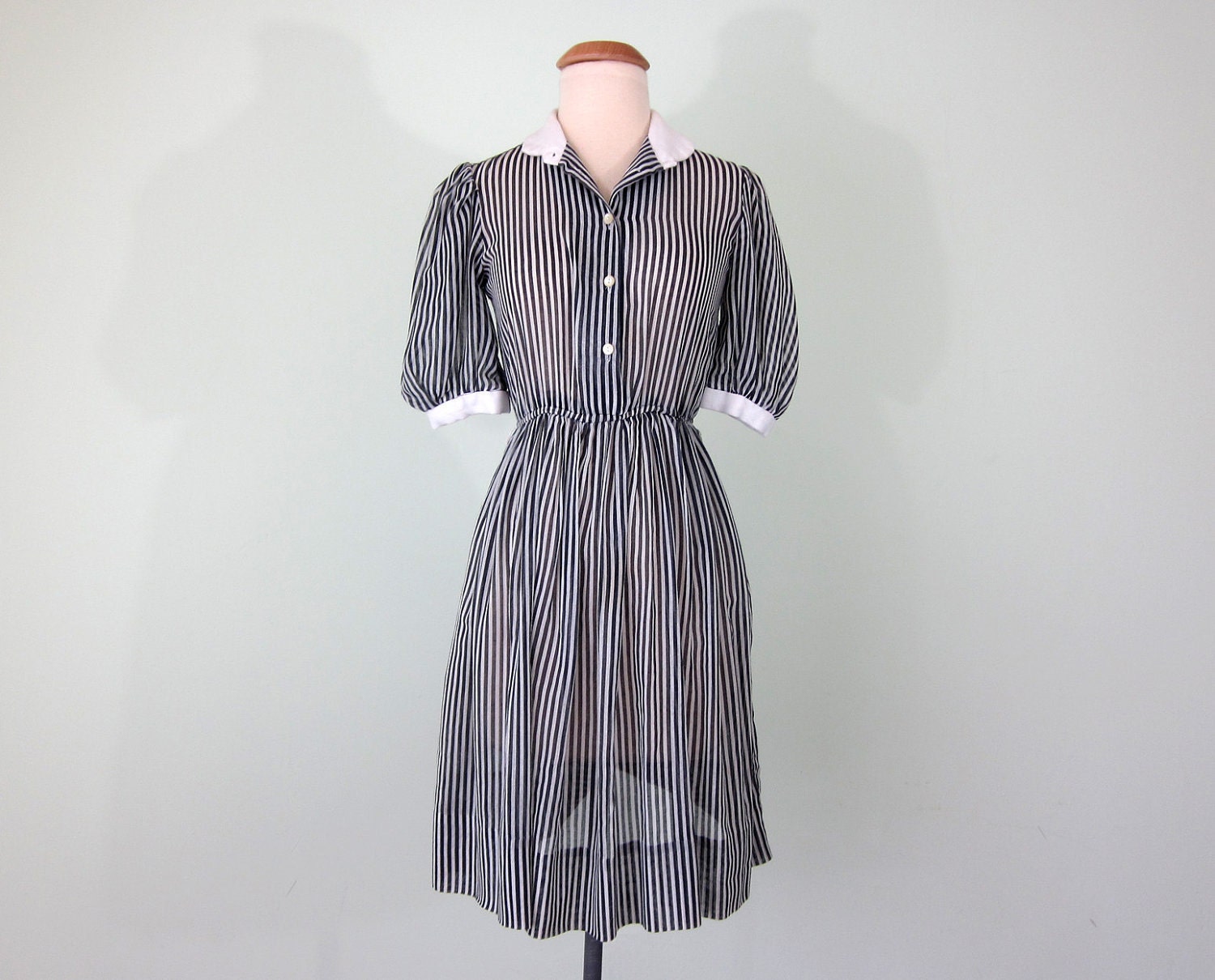 80s dress / black white striped sheer mini dress (xs - s)