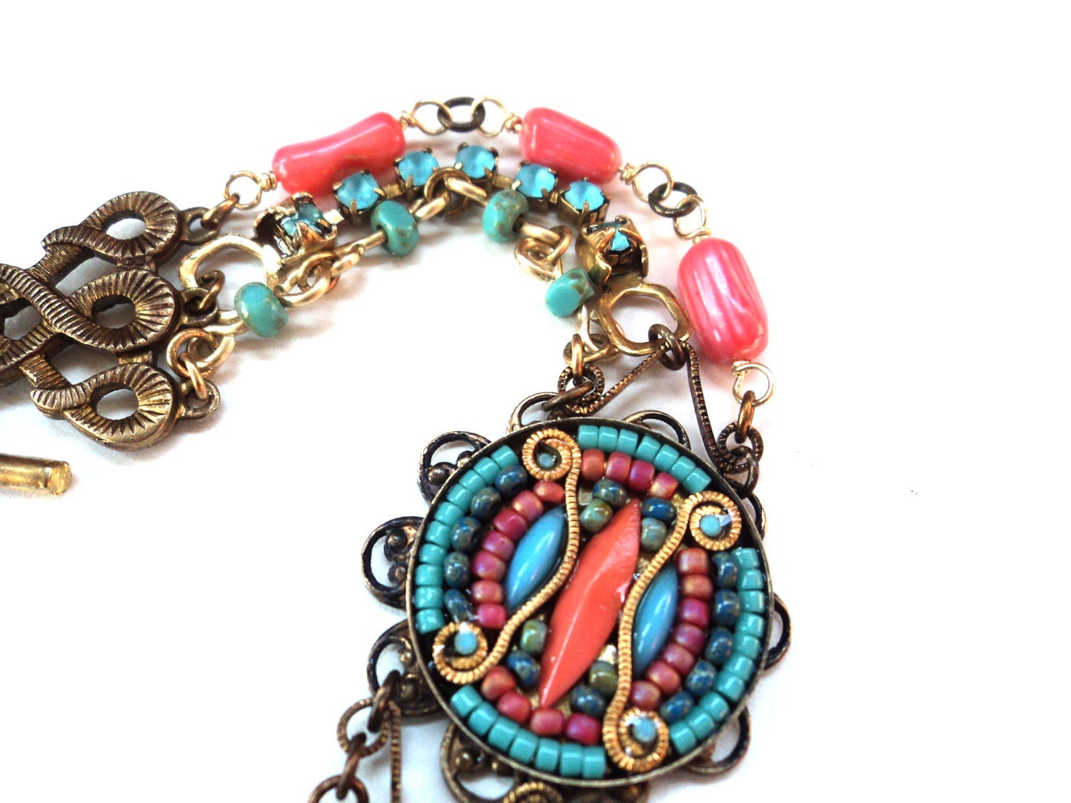 Bracelet, Coral, Neon, Tribal, Beadwork, Mosaic, Turquoise