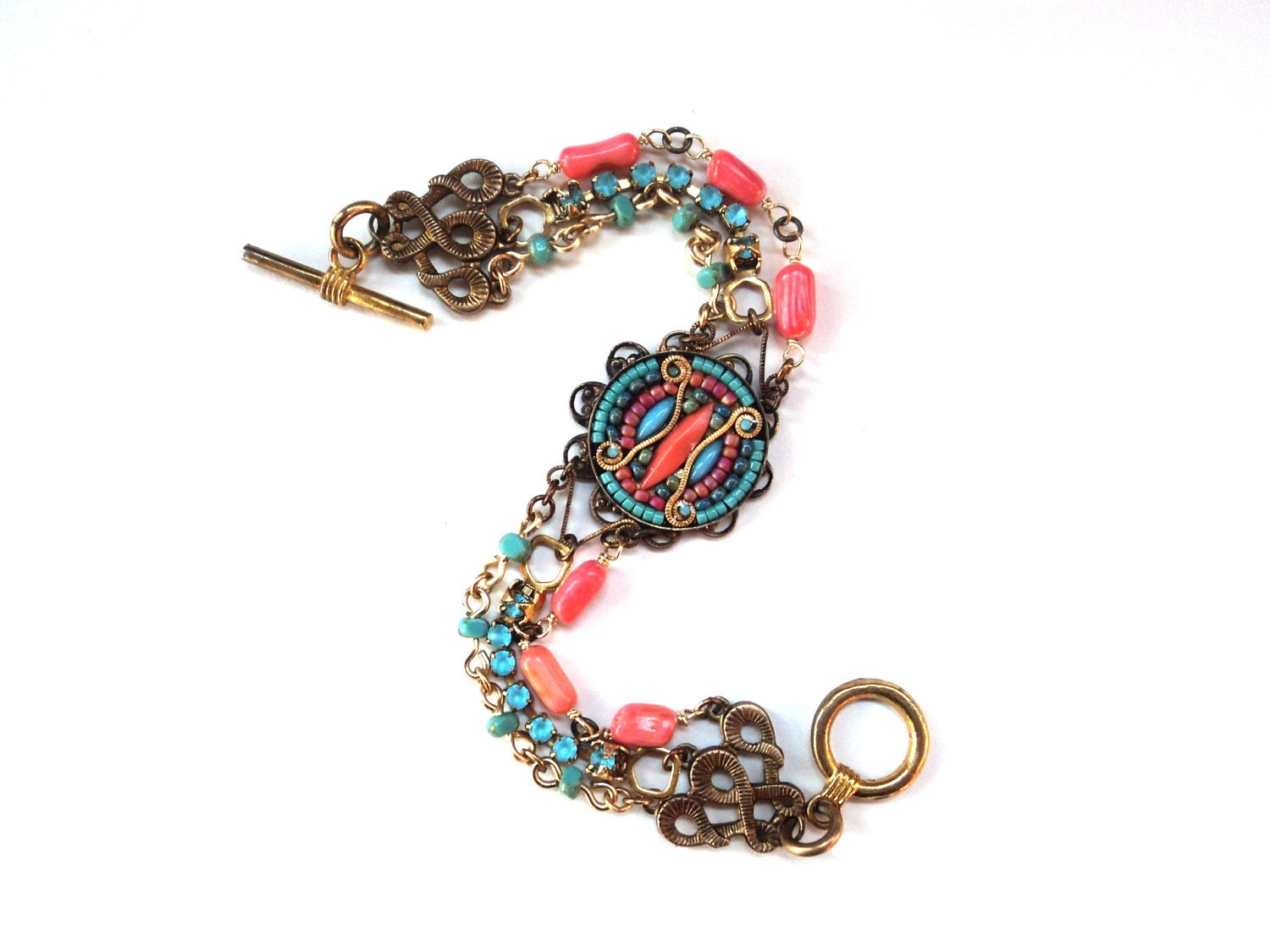 Bracelet, Coral, Neon, Tribal, Beadwork, Mosaic, Turquoise