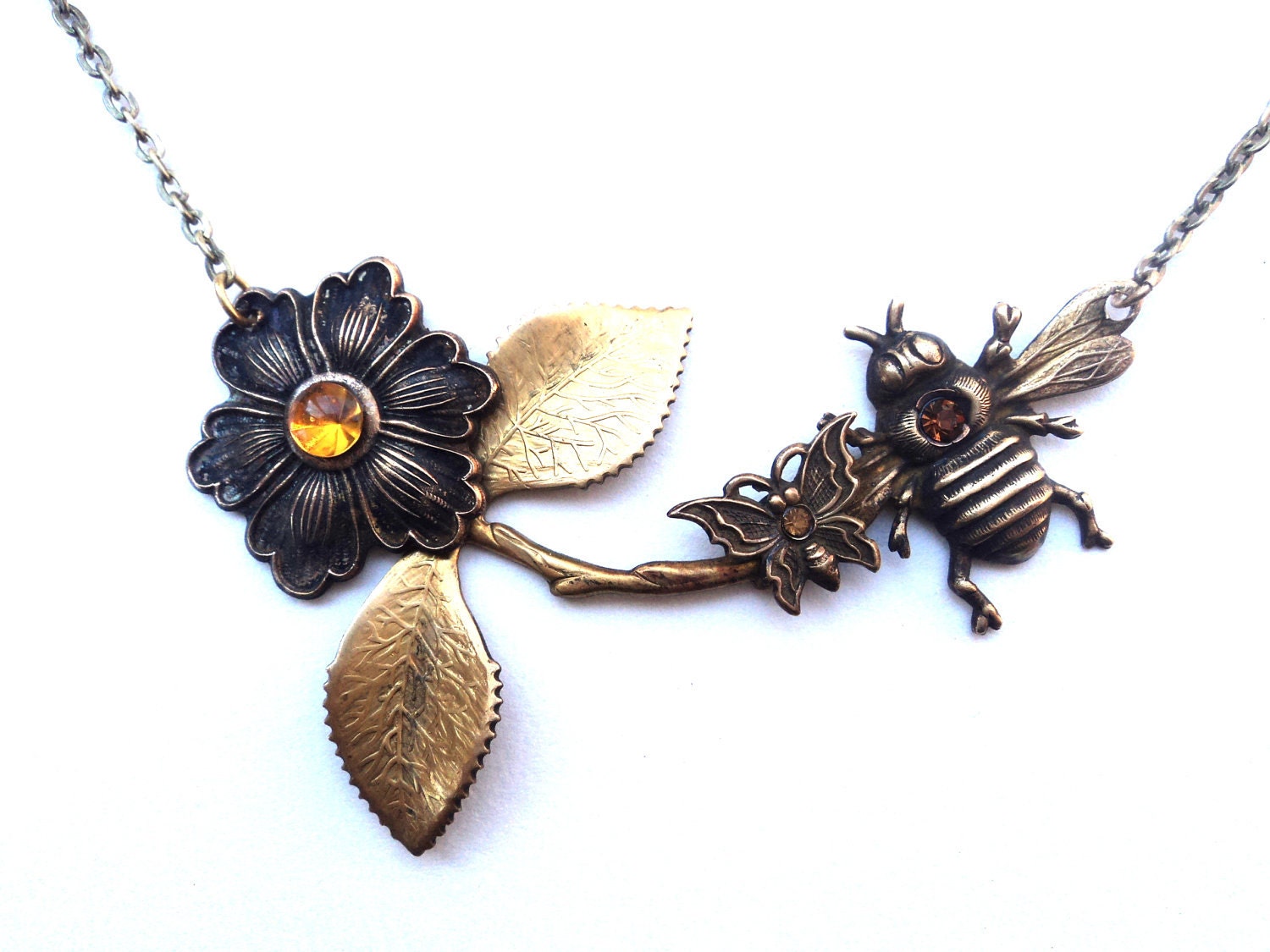 Necklace, Bee, Flower, Collage, Copper, Topaz, Butterfly