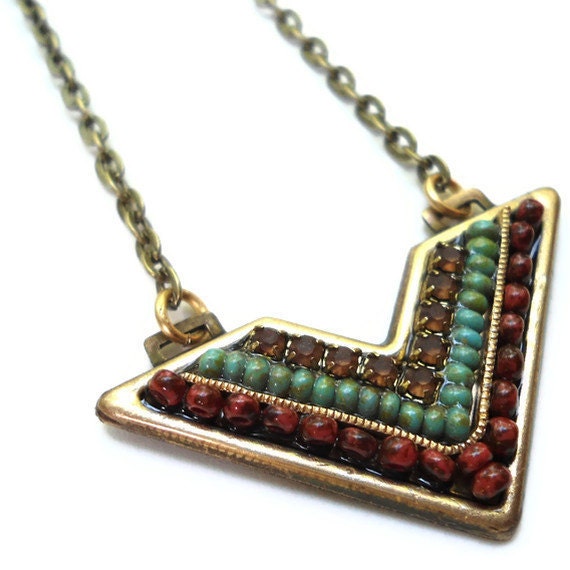 Necklace, Chevron, Tribal, Red, Green, Topaz, Pendant, Beadwork