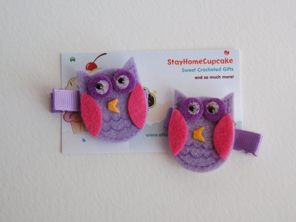 Set of 2 Purple and Pink Owl Hairclips
