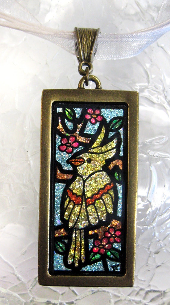 Stained Glass Yellow Cockatoo Bird Pendant