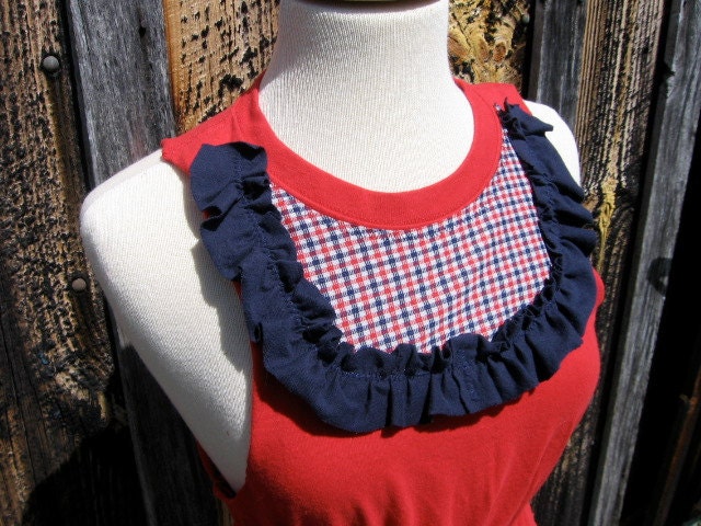 Upcycled Tshirt Shirt - Red Navy Plaid Ruffle - Bird Print