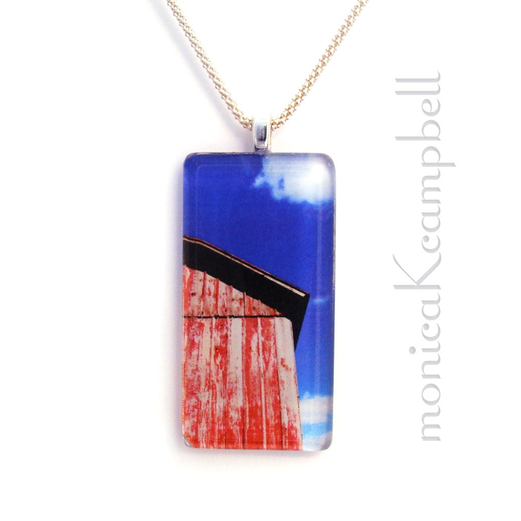Barn & Sky Pendant Necklace Glass Pendant on Sterling Silver Chain American Landscape Jewelry
