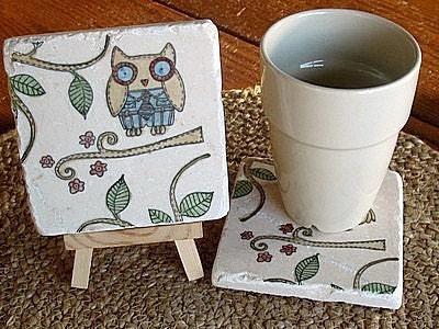 Owl Coasters, Oscar Design, Set of 4, Ready to Ship