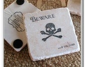 Beware if You Dare Black Skull and Crossbone Absorbent Tile Coasters, Set of 4 - MyLittleChick