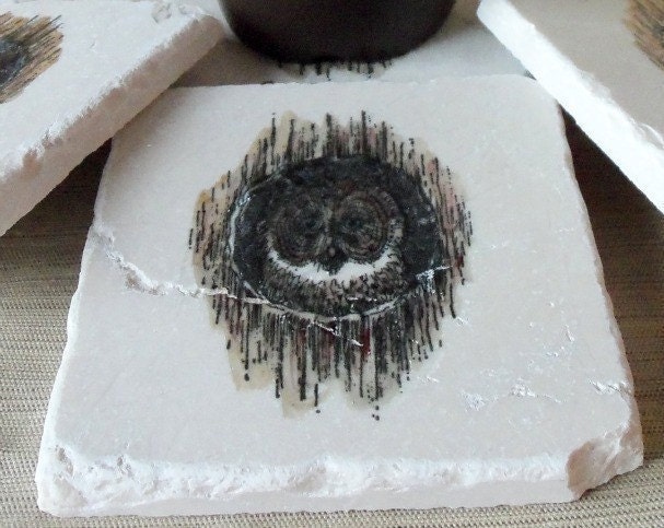 Woodland Owl Tile Coasters, Peek a Boo Tree Design, Set of 4