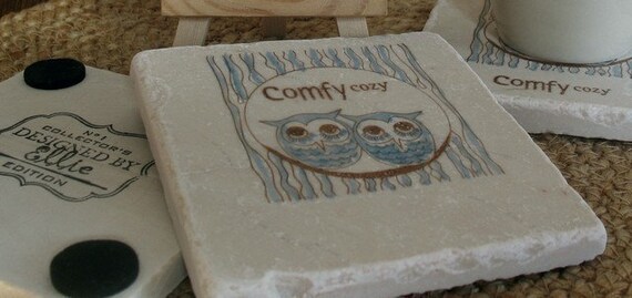 Comfy Cozy Owl Absorbent Tile Coasters, Set of 4, Personalization Available
